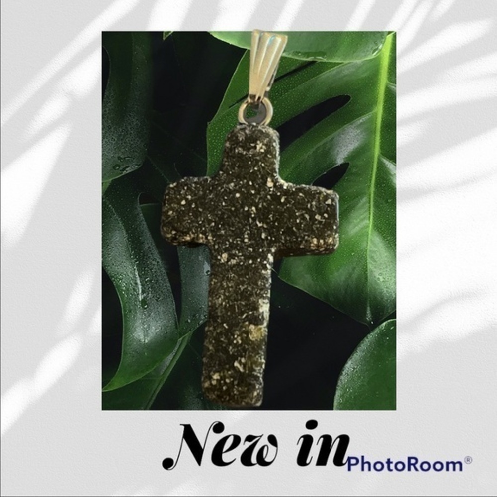 Handmade Natural gemstone cross necklace- black and silver speckle